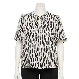 New Nine West Women’s Blouse  Front Tie Neck Short Sleeve Size L White/ Black